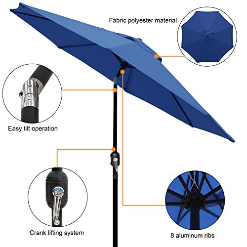 Blissun 9' Outdoor Aluminum Patio Umbrella, Striped Patio Umbrella, Market Striped Umbrella with Push Button Tilt and Crank (Navy Blue)