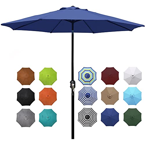 Blissun 9' Outdoor Aluminum Patio Umbrella, Striped Patio Umbrella, Market Striped Umbrella with Push Button Tilt and Crank (Navy Blue)